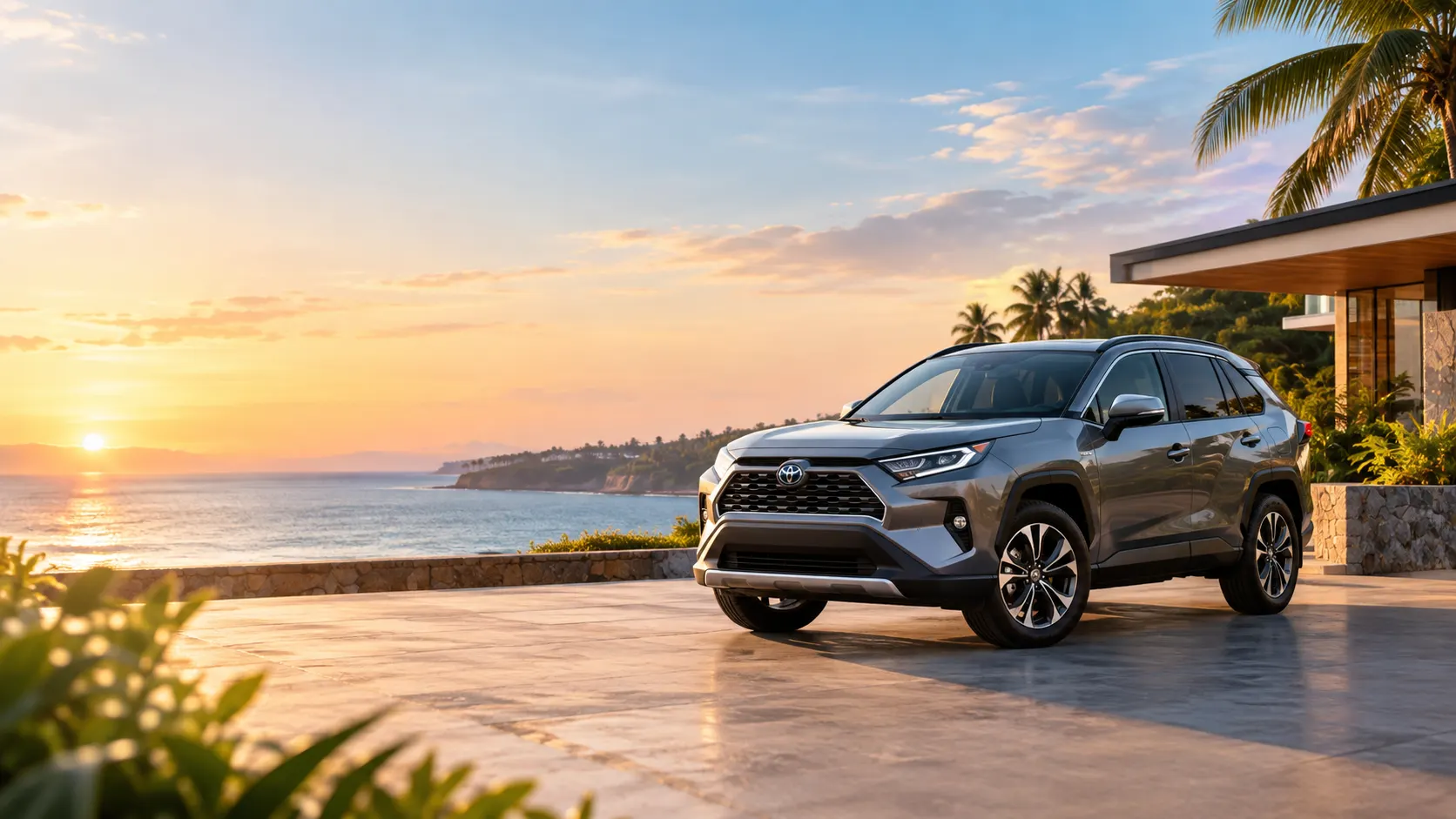 A silver SUV parked on a coastal terrace at sunset