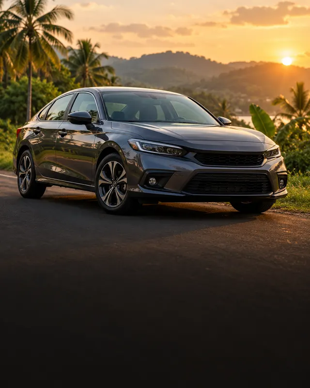 A grey sedan parked on a hillside road at sunset, palm trees behind