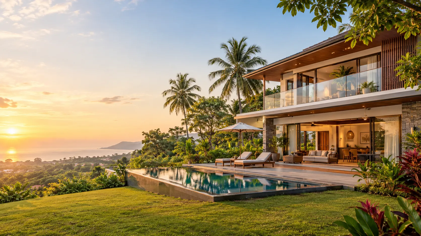 A modern hillside villa with an infinity pool at sunset